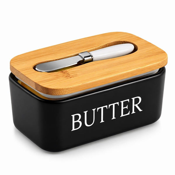 Wellhomes™ Ceramic Airtight Butter Storage with Bamboo Lid & Butter Knife | Kitchen Butter Keeper. - Wellhomes™