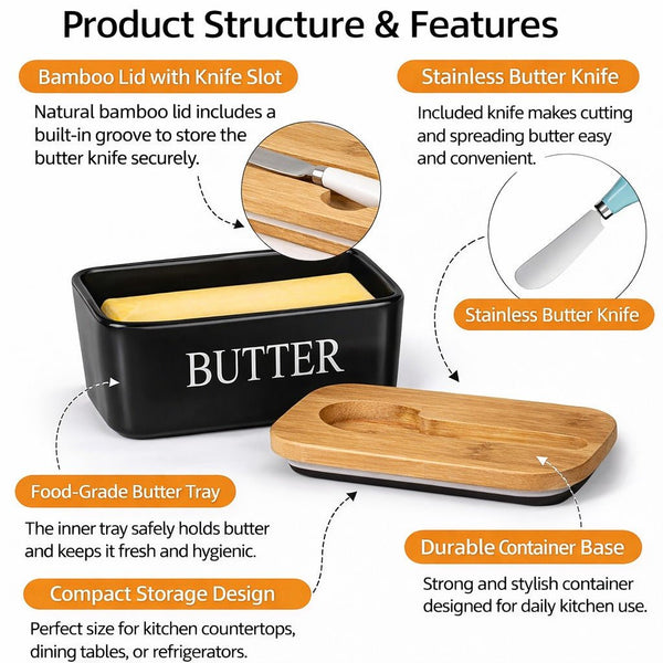 Wellhomes™ Ceramic Airtight Butter Storage with Bamboo Lid & Butter Knife | Kitchen Butter Keeper. - Wellhomes™