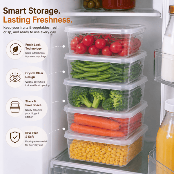Wellhomes™ Fridge Organizer Storage Boxes Set of 6 (2000 ml Each) with Drain Plate |