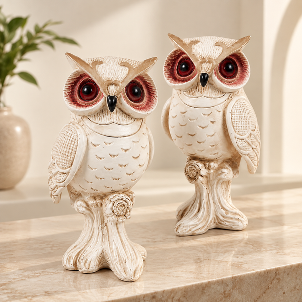 WellHomes™ White Decorative Owl Showpiece Set of 2 | Elegant Owl Figurines for Home Décor