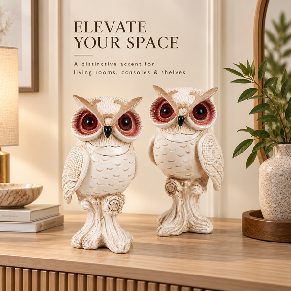 WellHomes™ White Decorative Owl Showpiece Set of 2 | Elegant Owl Figurines for Home Décor