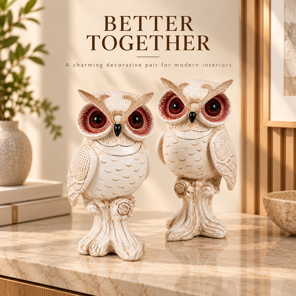 WellHomes™ White Decorative Owl Showpiece Set of 2 | Elegant Owl Figurines for Home Décor